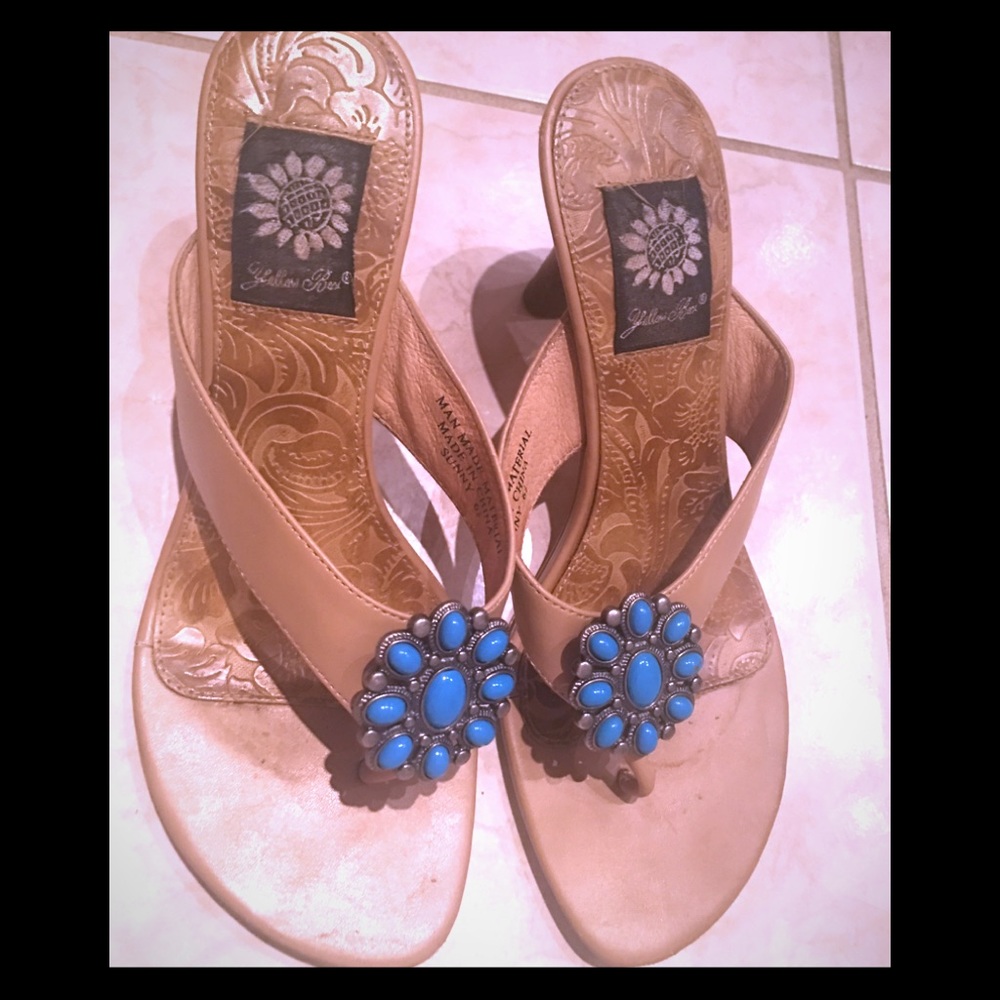 Yellow Box Tan sandals with Turquoise stones